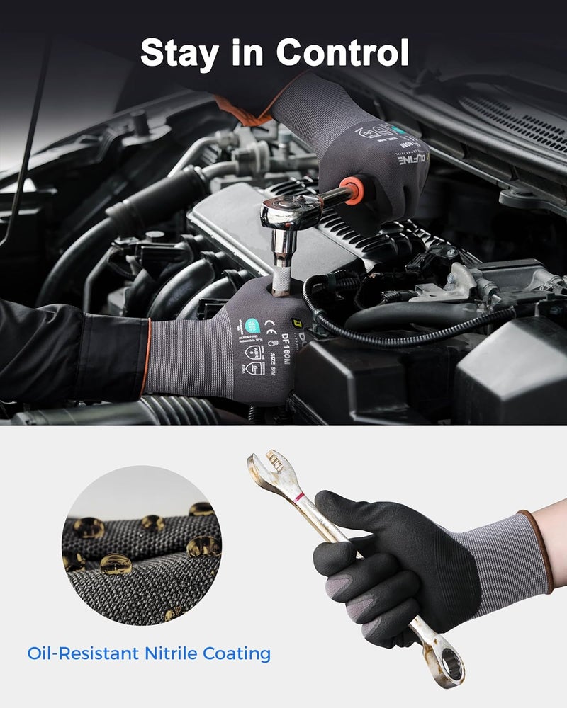 DULFINE Safety Work Gloves MicroFoam Nitrile Coated-12 Pairs Pack,Seamless Knit Nylon Glove with Black Micro-Foam Nitrile Grip,Ideal for General Purpose,Automotive,Home Improvement,Painting(Large) - Image 3
